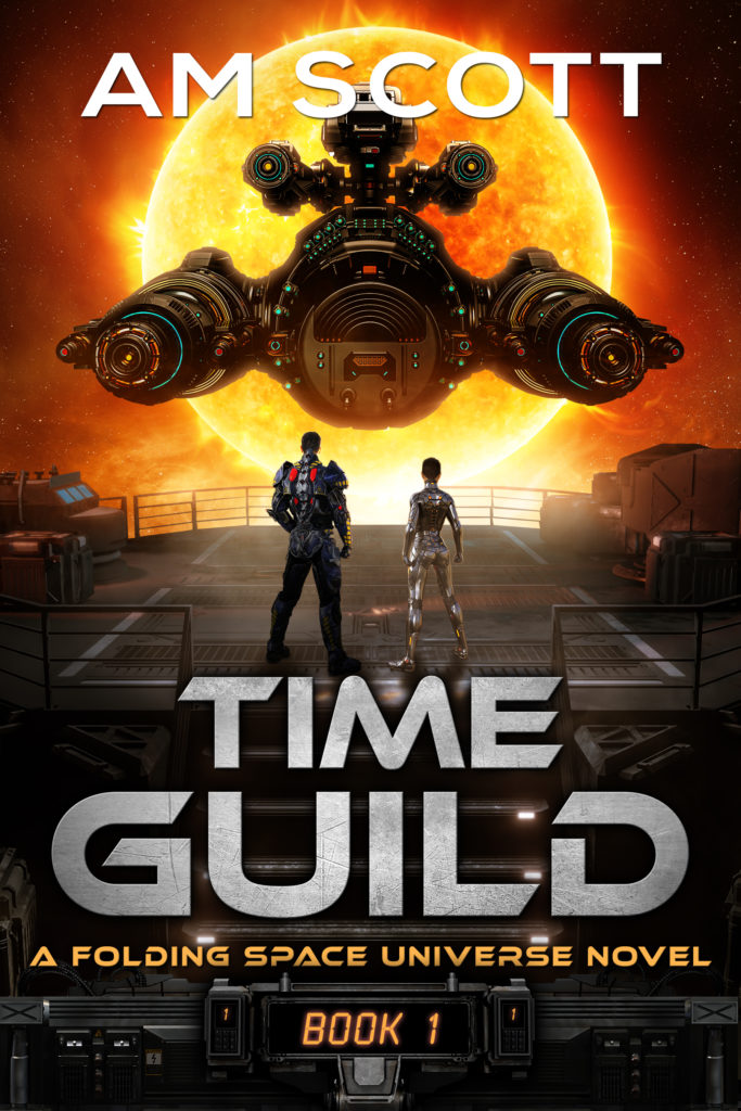 Book cover to Time Guild 1; a man and woman in space suits stand on a platform, looking up at a spaceship in front of a red sun.
