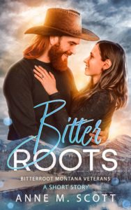 Cover of Bitter Roots; a bearded man smiles down, while he hold her in his arms.