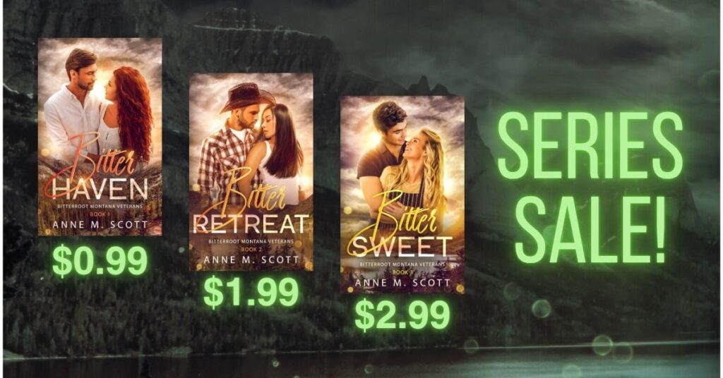 Graphic shows the covers of Bitter Haven, Bitter Retreat, and Bitter Sweet with sale prices of $0.99, $1.99 and $2.99 respectively.